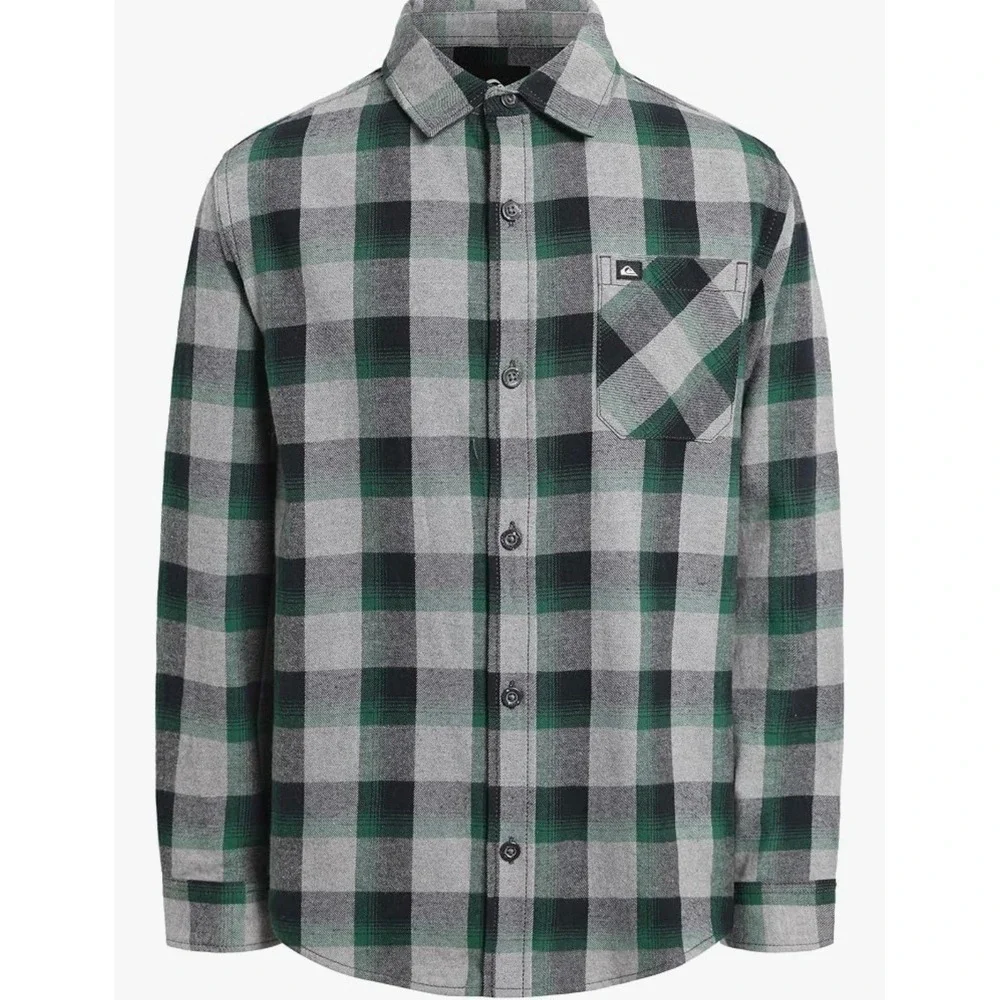 Quiksilver Boys Green Grey Plaid Flannel Button Down Shirt Cotton BTS 14-16 L